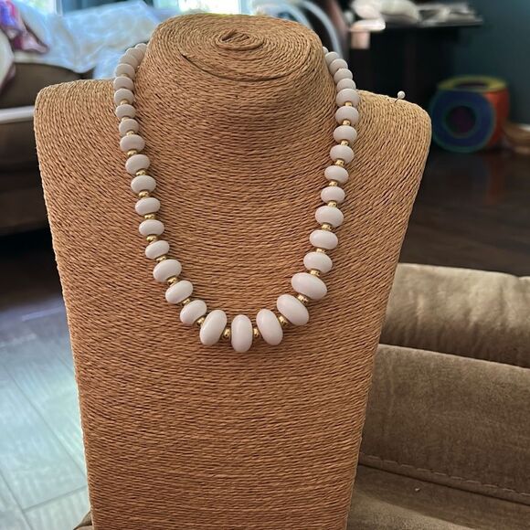 Vintage 1970’s Napier Signed White Lucite and Gold Graduated 18” Beaded Necklace